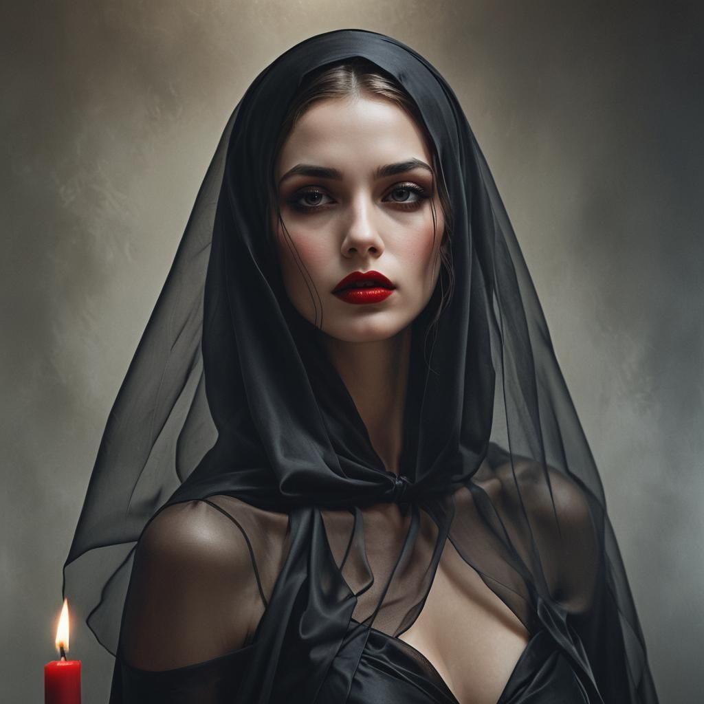 Veiled Woman in Black Silk, Chiaroscuro Lighting