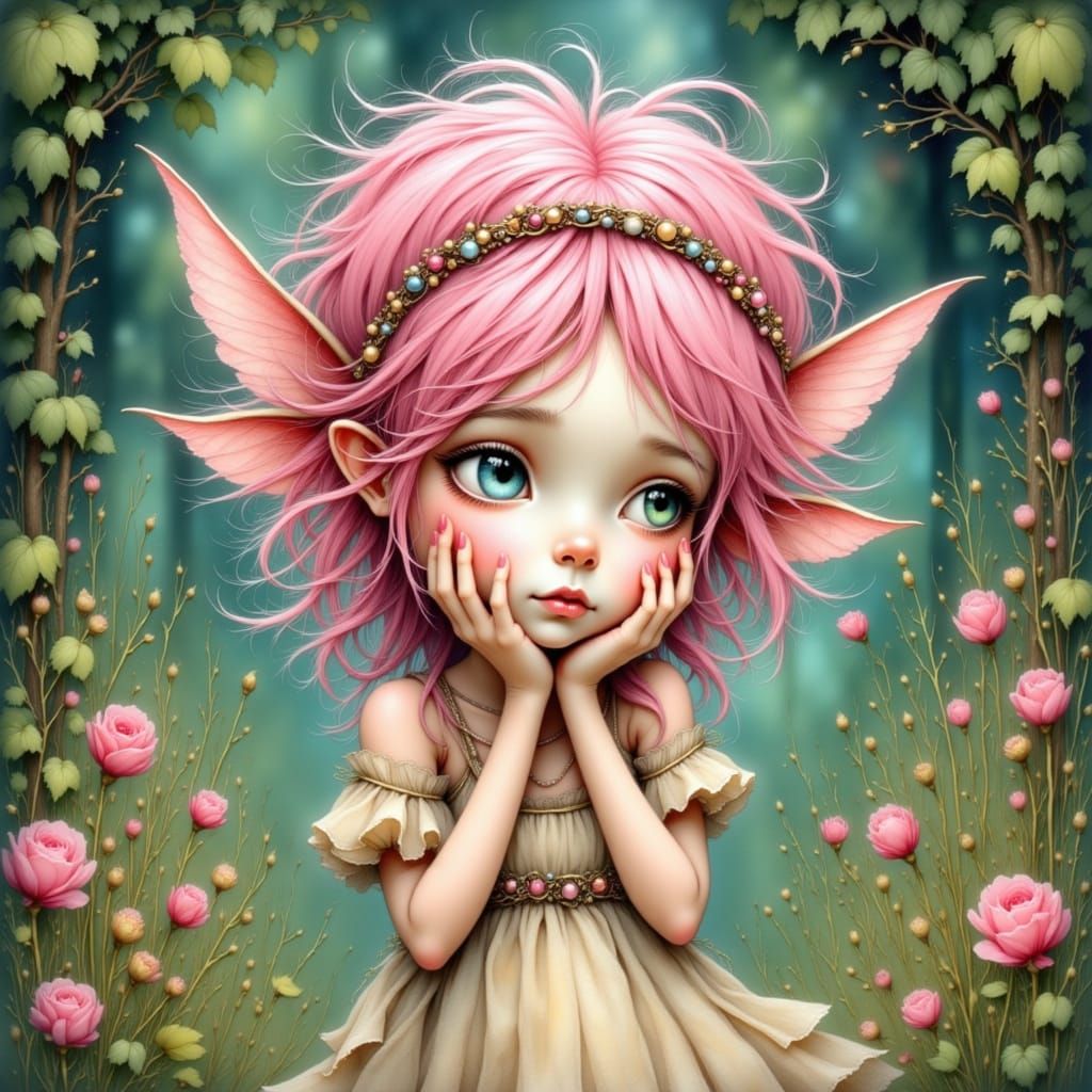 Adorable Pixie in Pink Flowers, Fantasy Forest Art