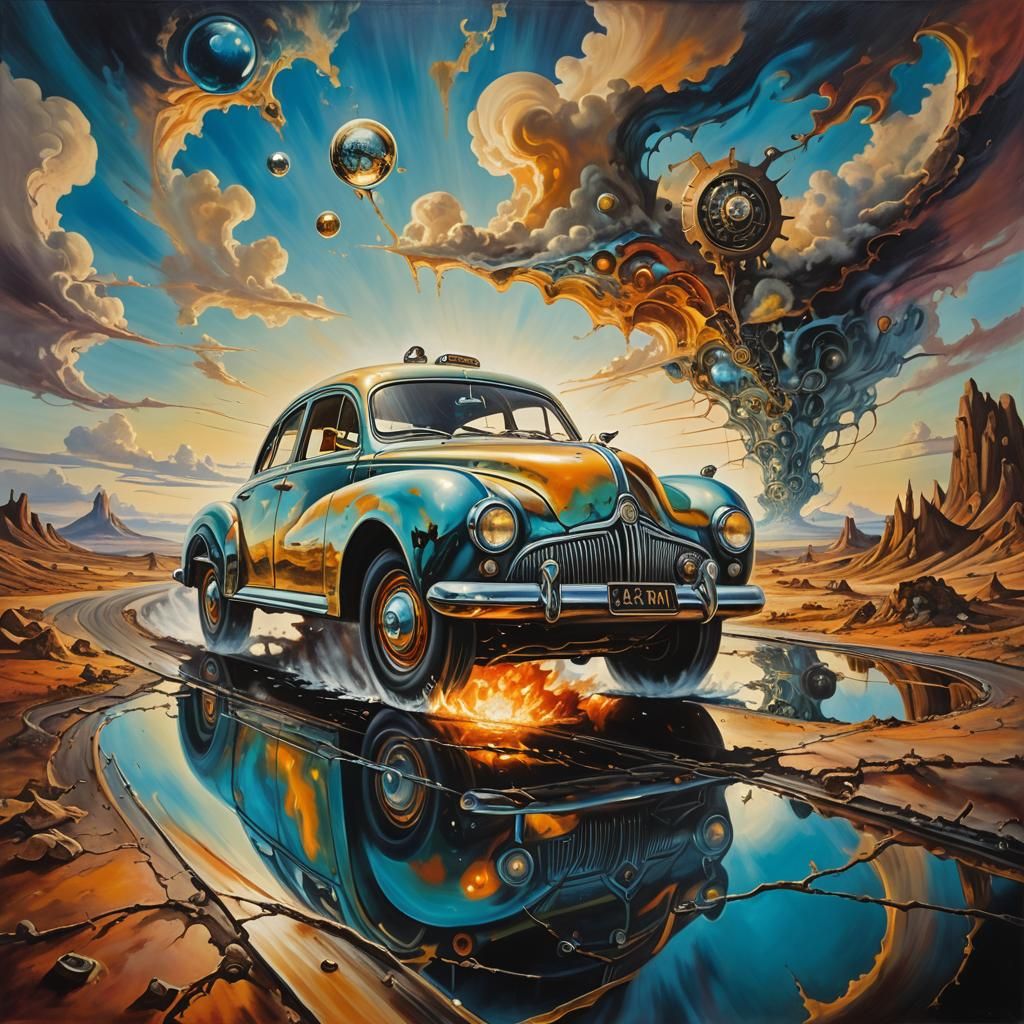 Surrealist Dream Car Glides Through Abstract Landscape