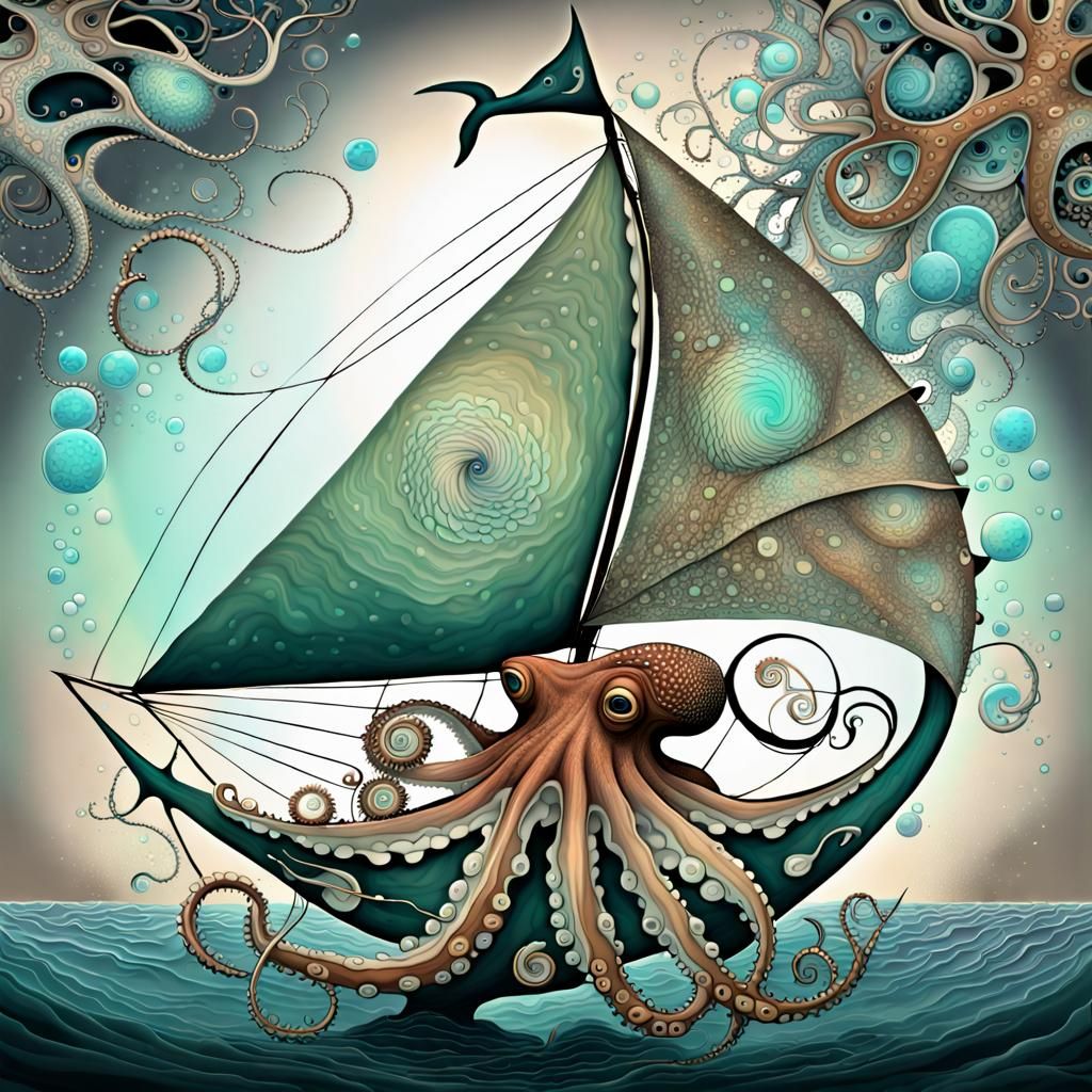 Surreal Fractal Seascape with Sailing Fish