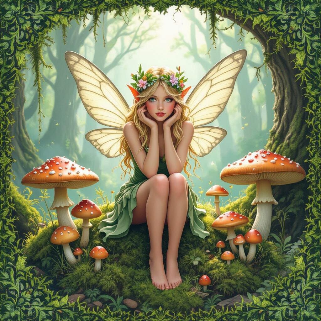 Fairy in Mushroom Forest Seamless Pattern