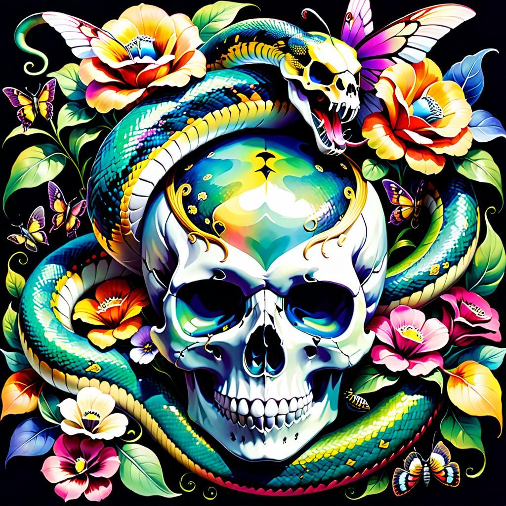 Vibrant Mural: Snake, Skulls, and Watercolor