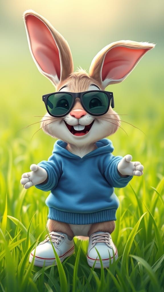 Charming 3D Pixar Cartoon Rabbit in Sunglasses and Blue Hood...