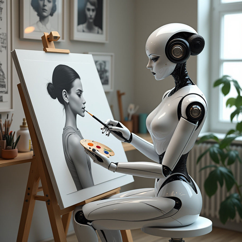 Robot Paints Girl with Pearl Earring in Studio