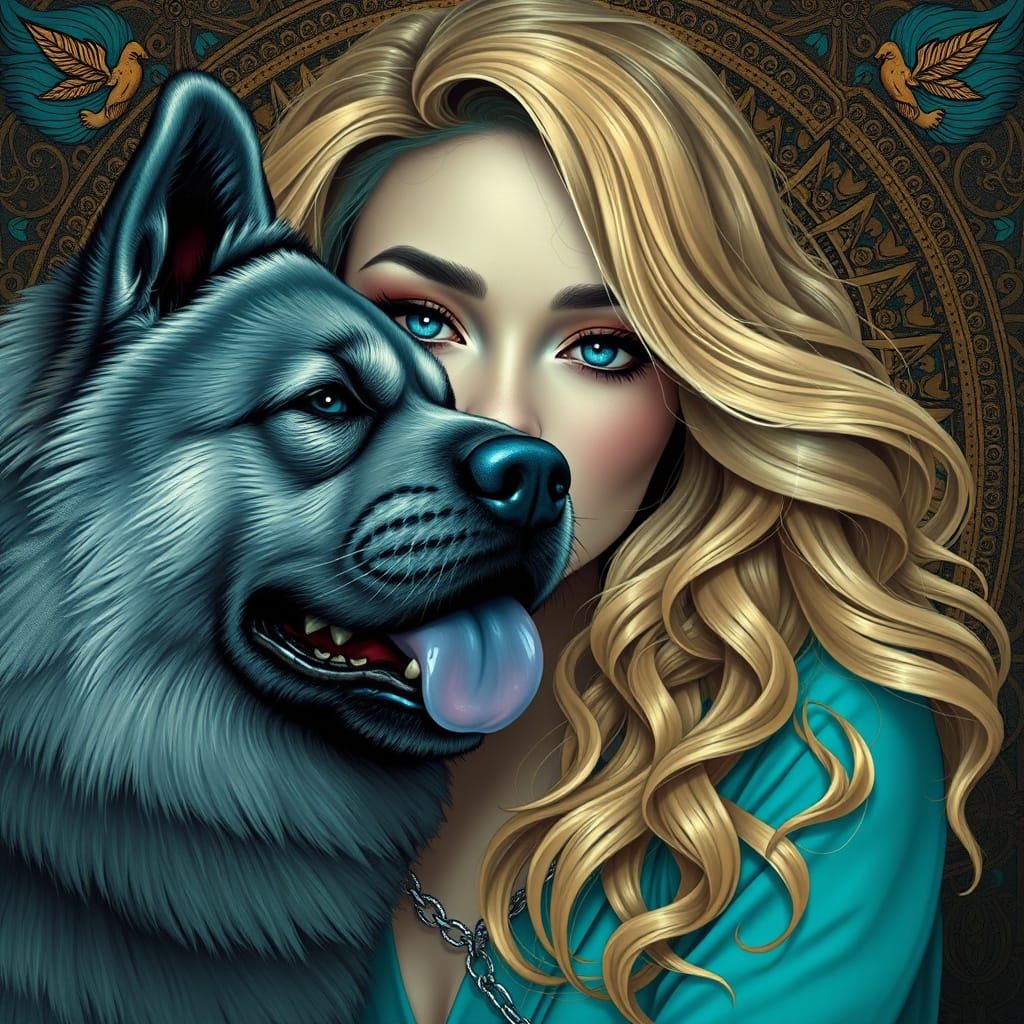 Artgem of lovely woman in cyan clothing, golden tresses tumb...