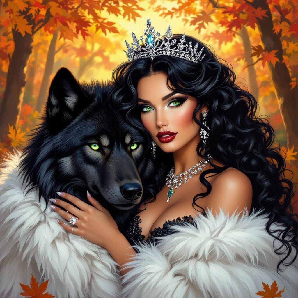 Woman and Wolf in Autumn Forest Oil Painting