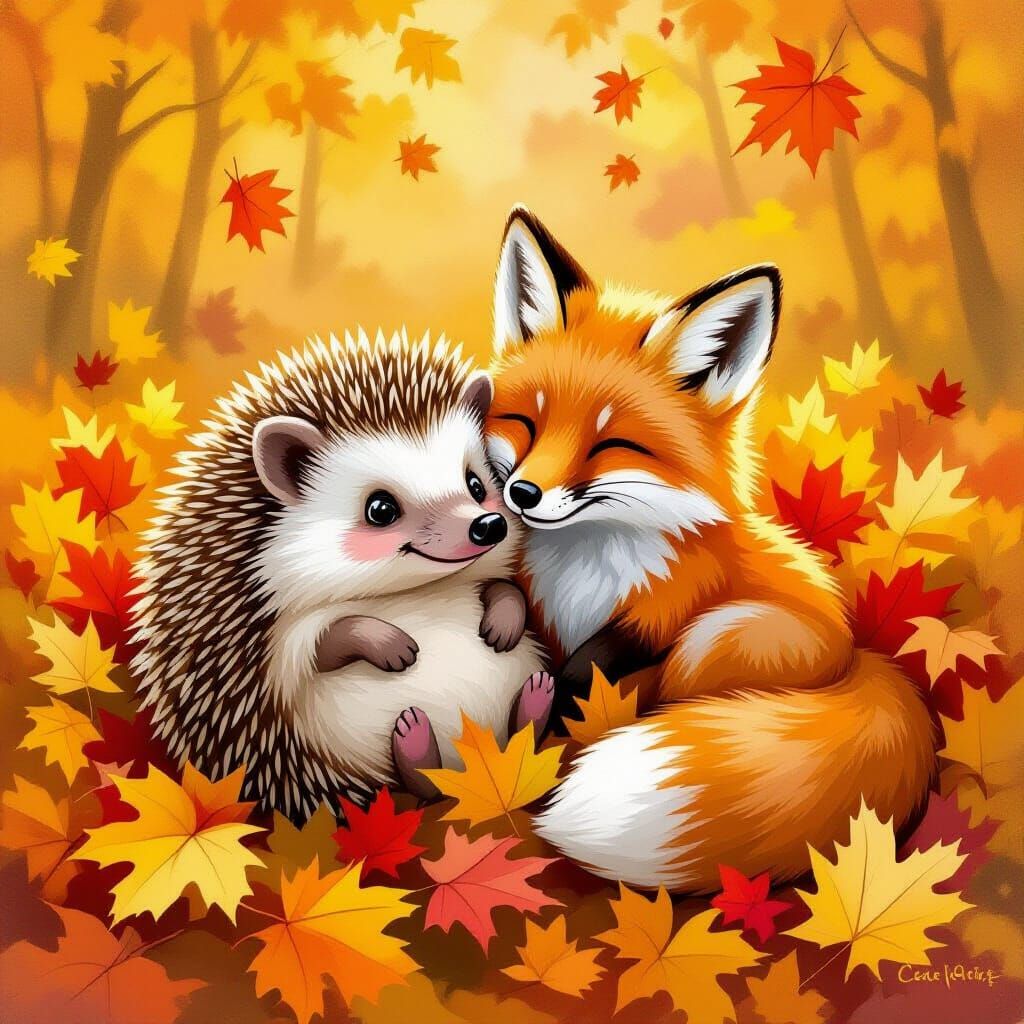Hedgehog and Fox Cub Snuggled in Autumn Leaves