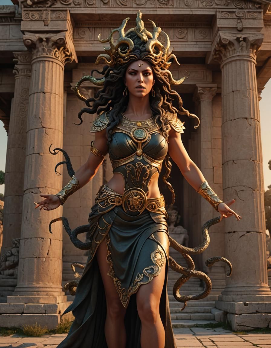 Medusa Shrieking at Greek Temple Sunset