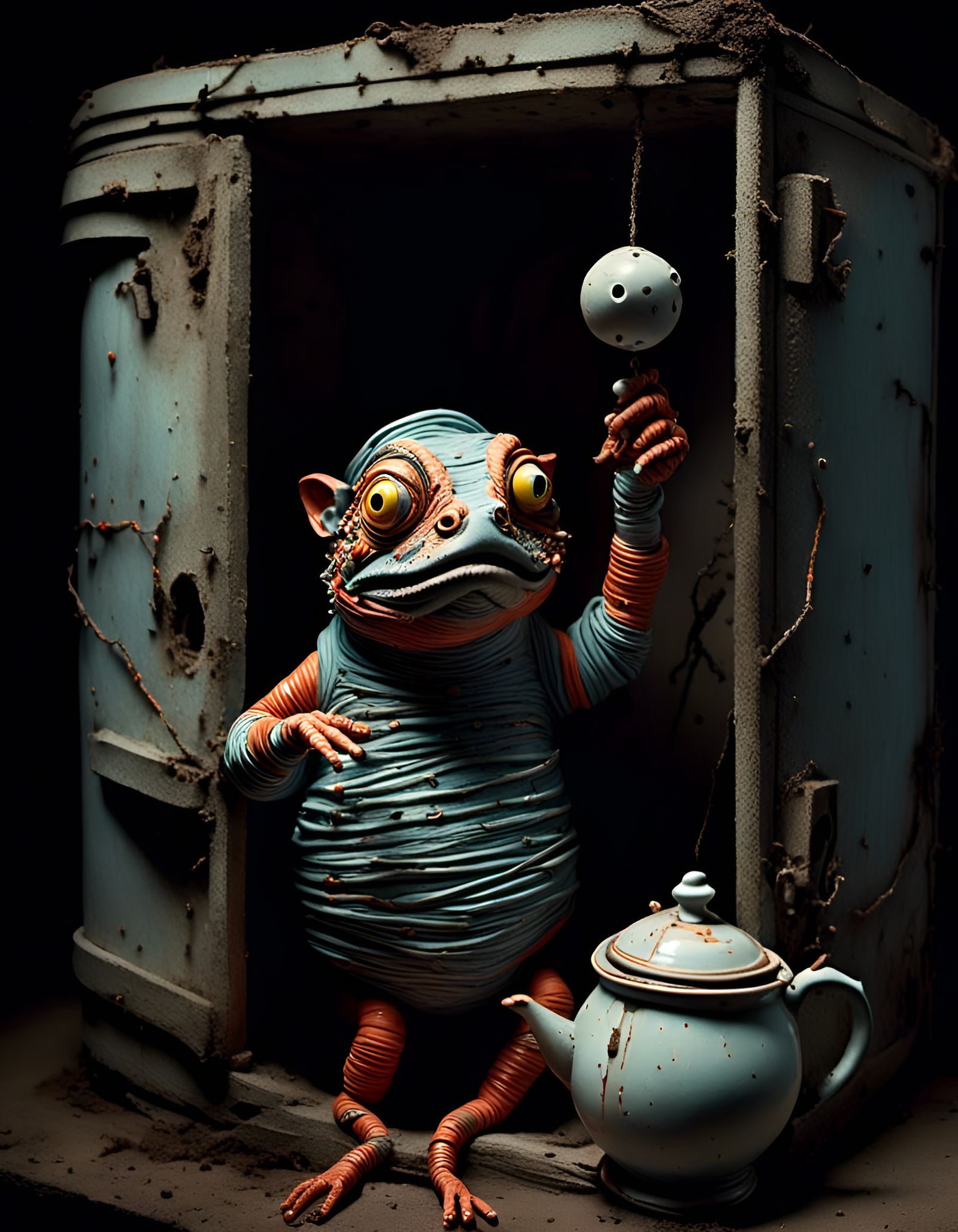 Surreal Clay-Doll Teapot Chameleon in Prison Cell
