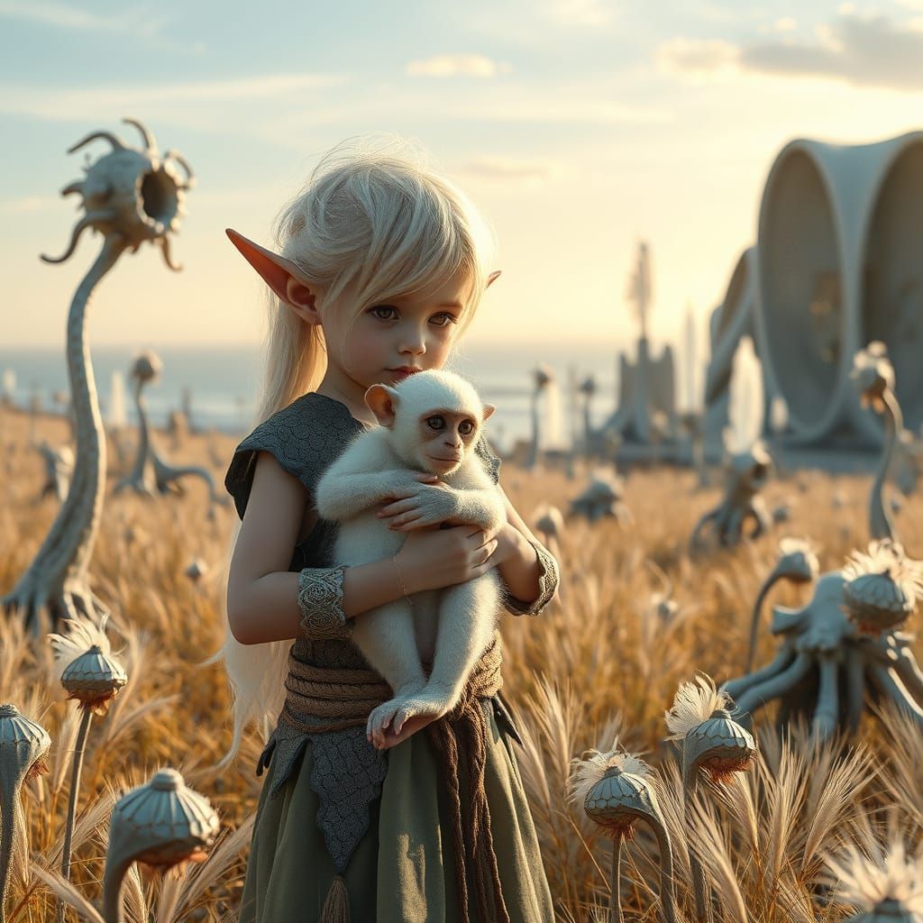 Elven Child with White Monkey in Fractal Field