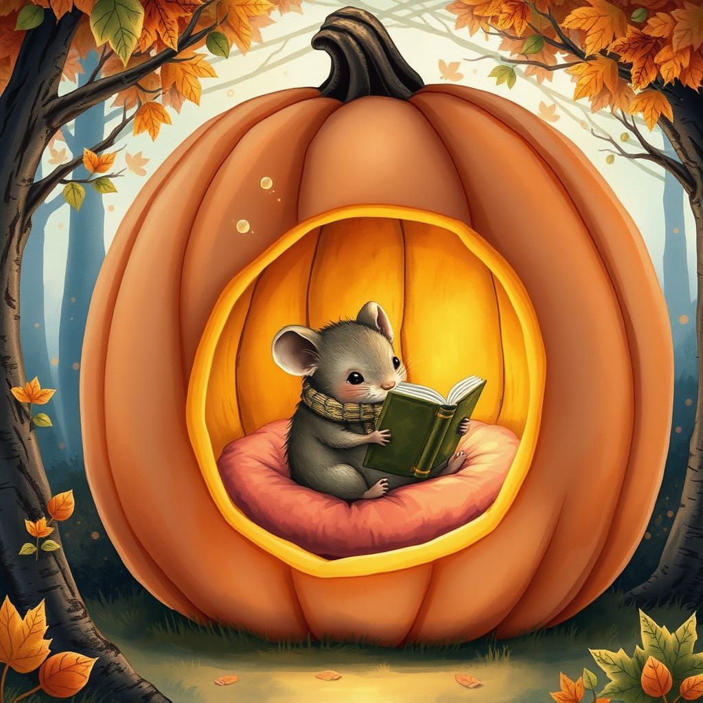 Enchanted Autumnal Reading Nook with Mouse