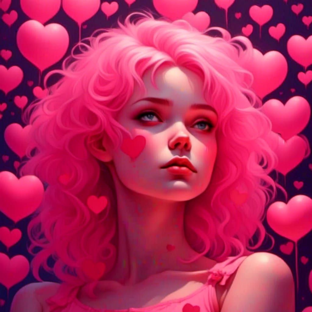 Girl Surrounded by Pink Hearts in Digital Art