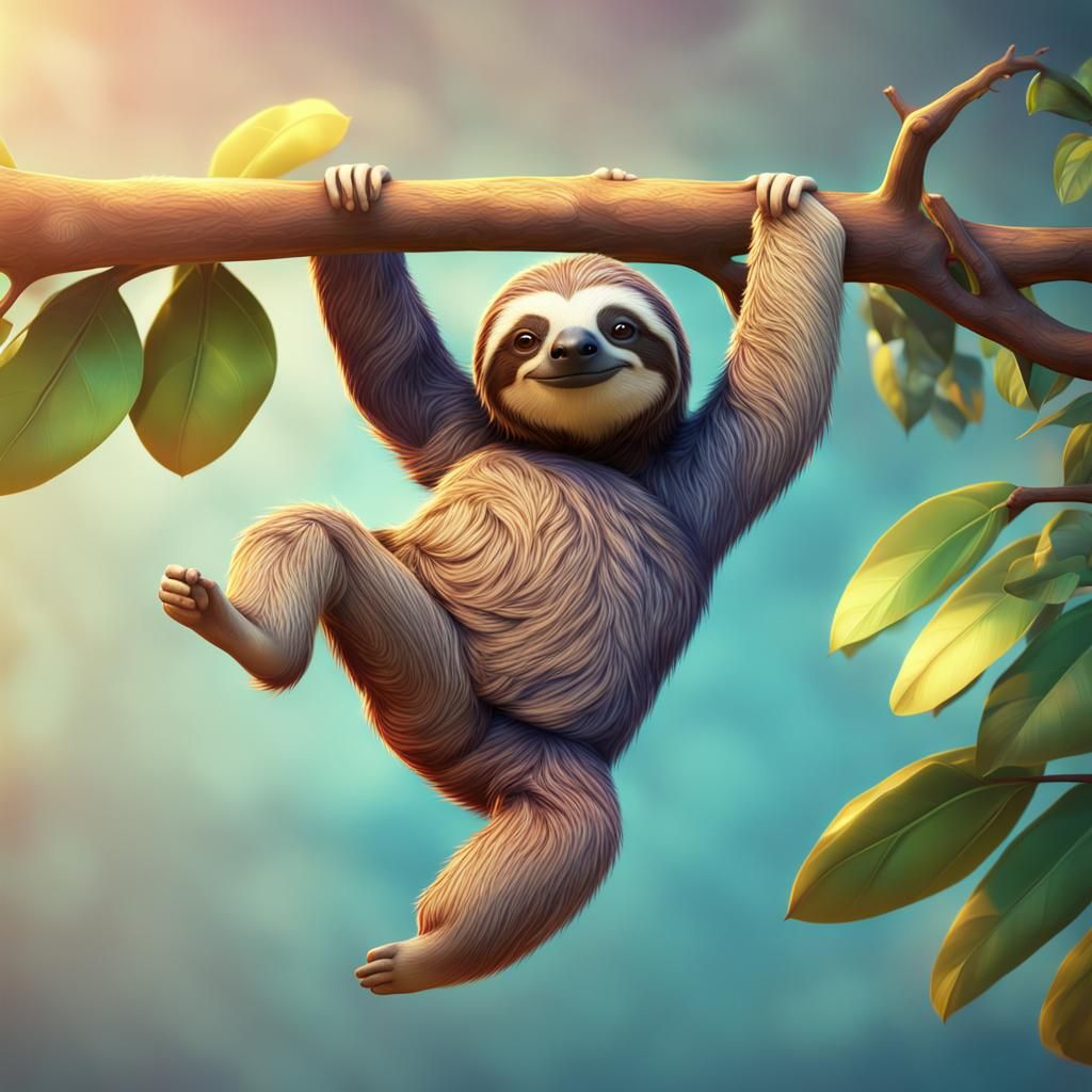 Cute Sloth Hanging From Branch in 3D Style