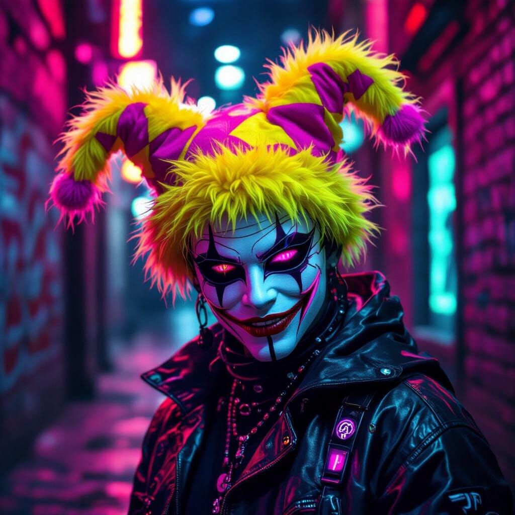 Neon Vampire Jester in Cyberpunk Alley