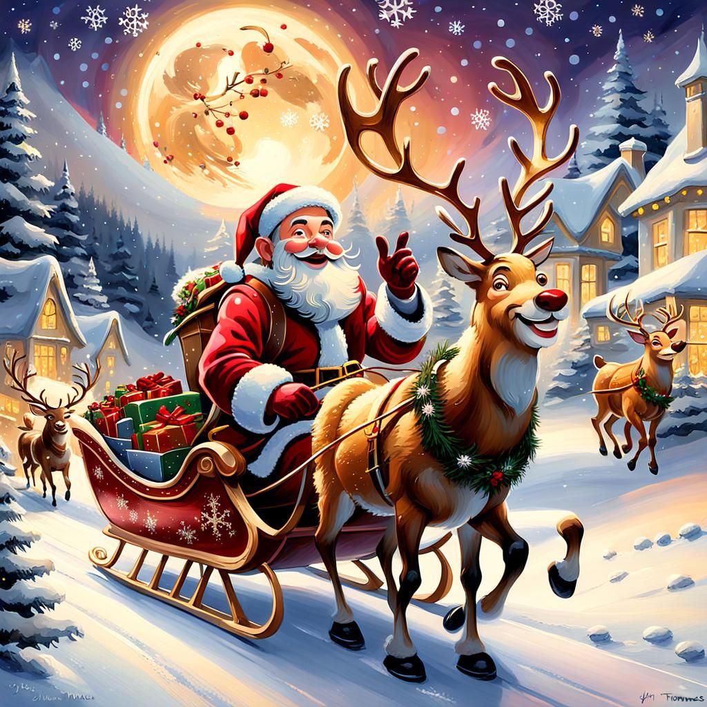 Santa's Sleigh Ride: A Christmas Oil Painting