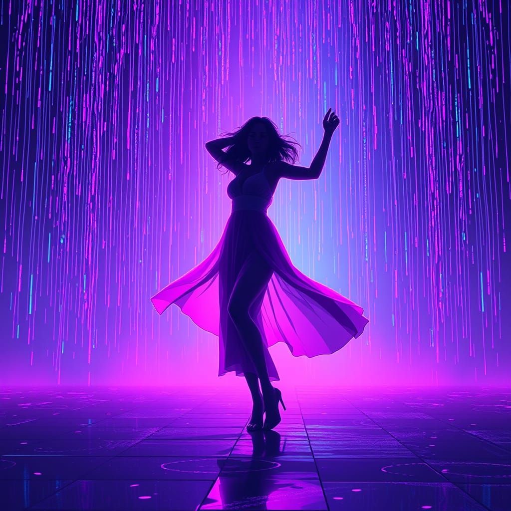 Anime Woman Dancing in Neon Code Rain