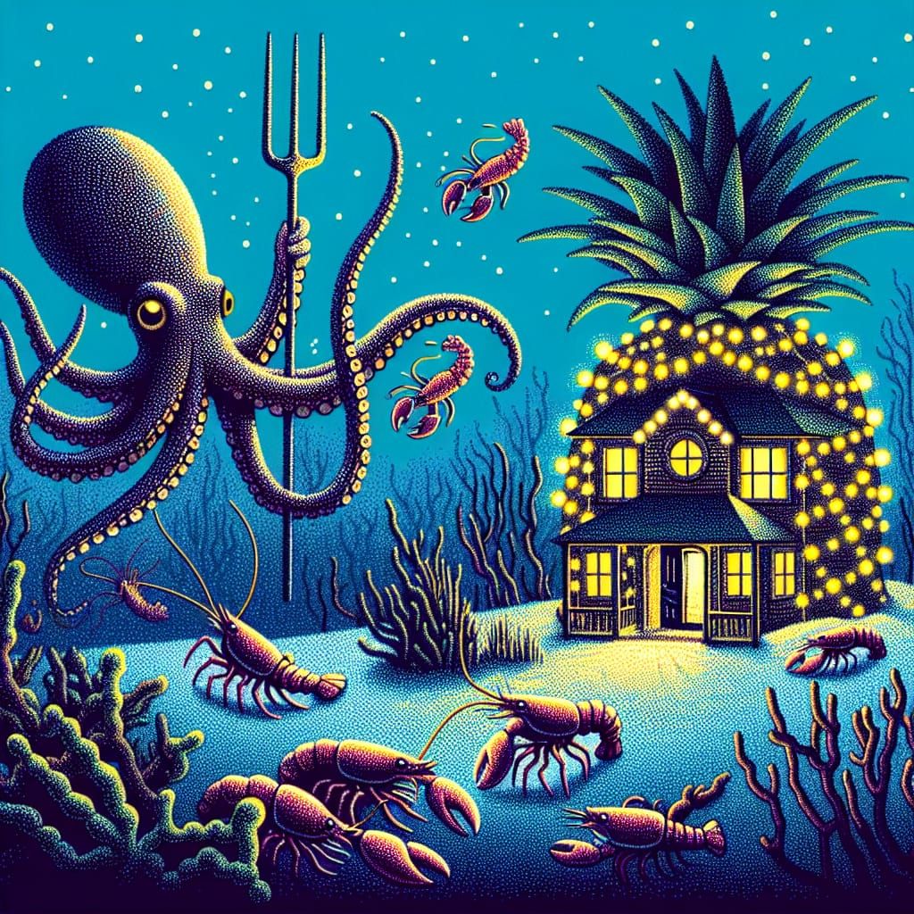 Playful Underwater Scene in Stippled Illustration Style