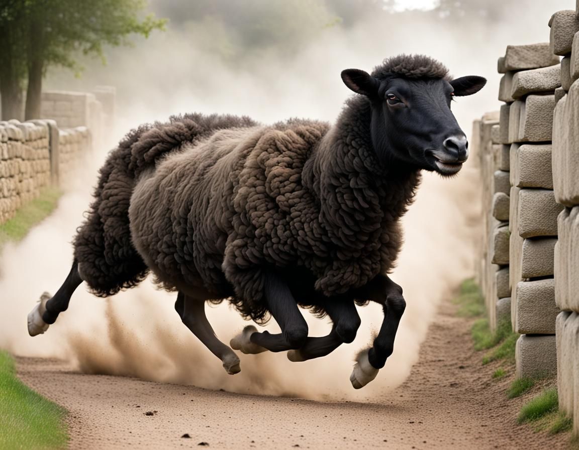 Black Sheep Galloping on Stone Wall