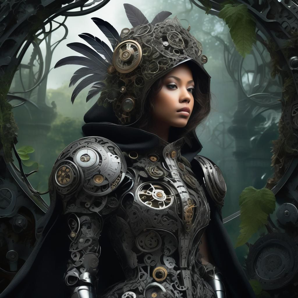 Girl in Steel Armor Controls Time in Dark Surrealism