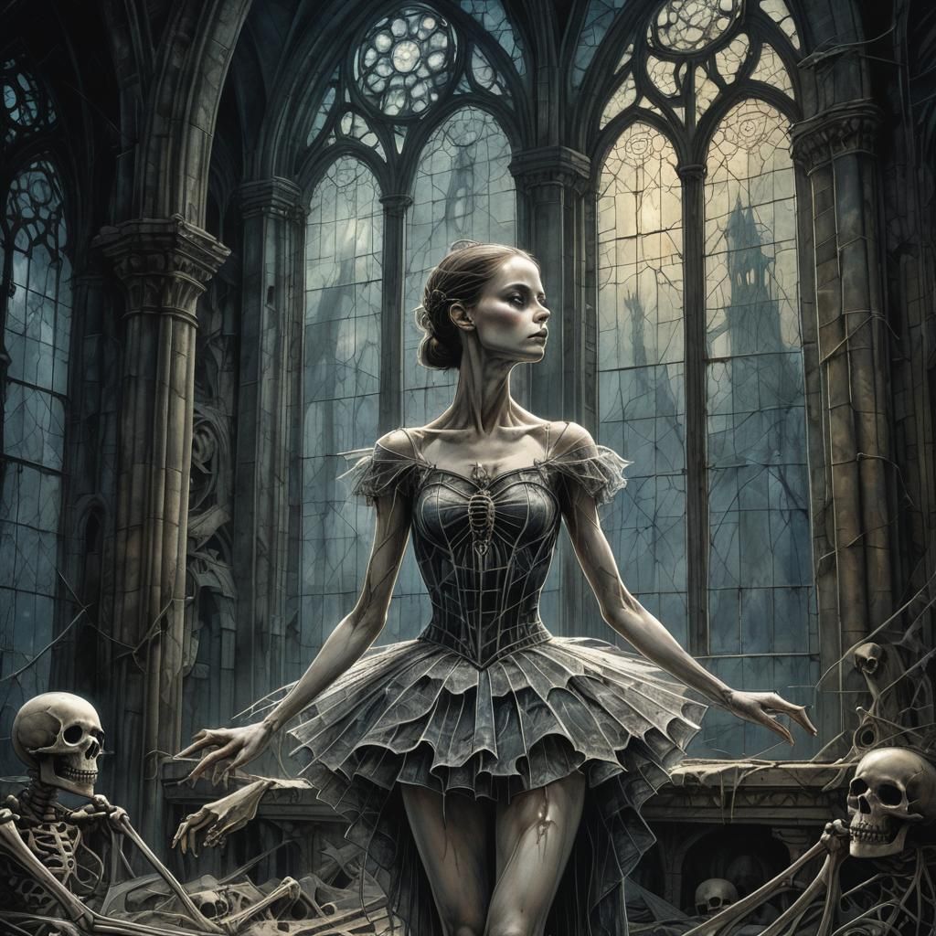 Gothic Ballerina in Ruined Cathedral: Dark Fantasy Art