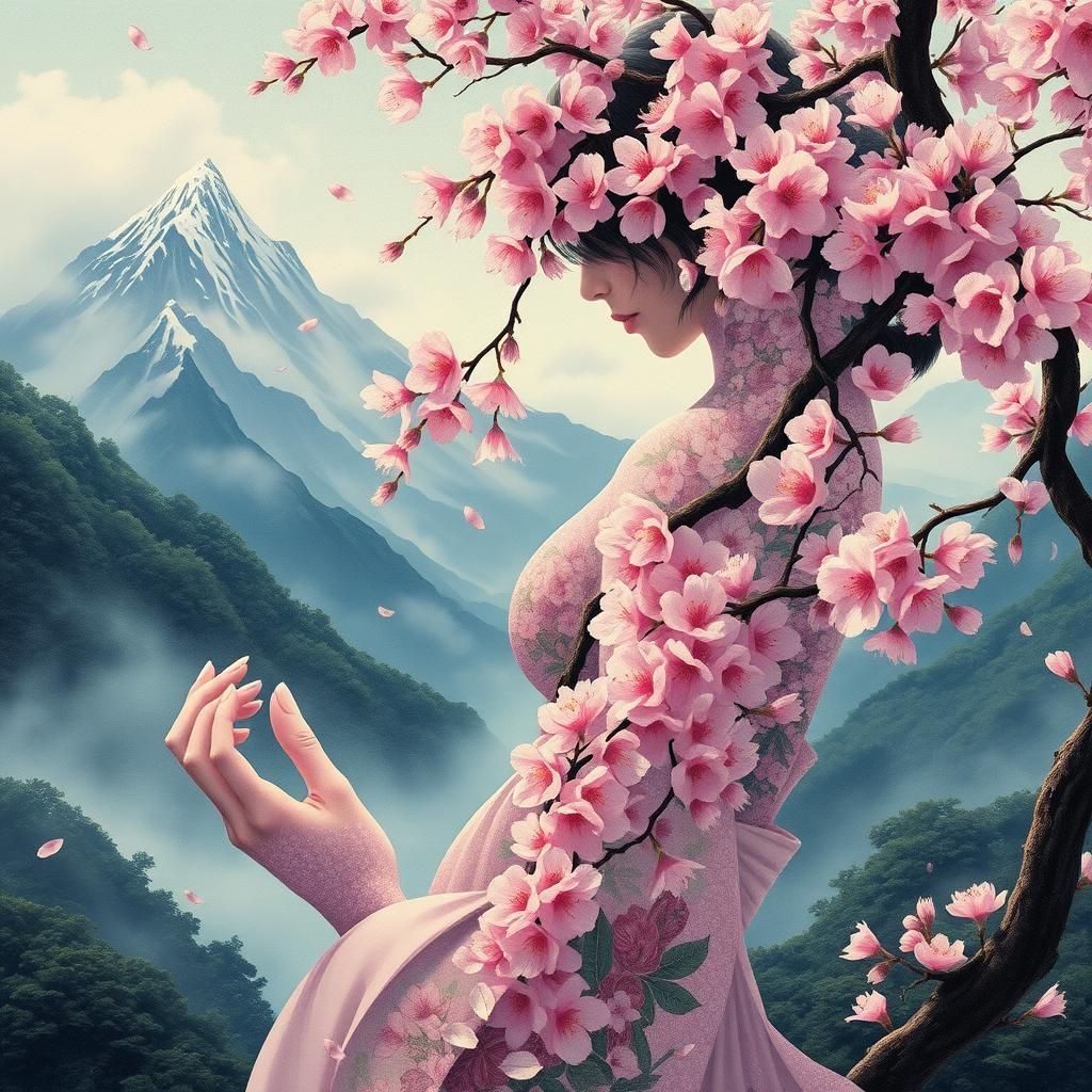 Cherry Blossom Woman: Ethereal Ukiyo-e Digital Art
