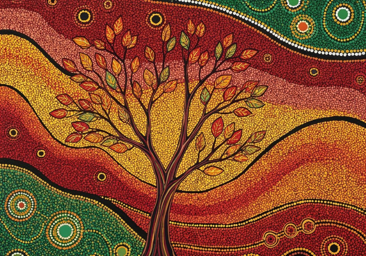 Vibrant Aboriginal Dot Painting of Autumn Tree