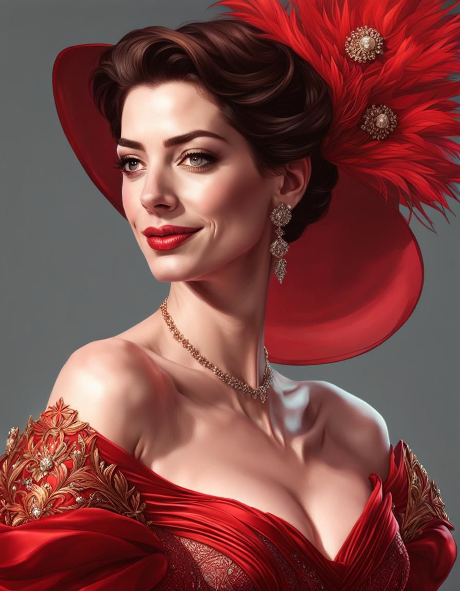 Actress Anne Hathaway wearing a red designer dress