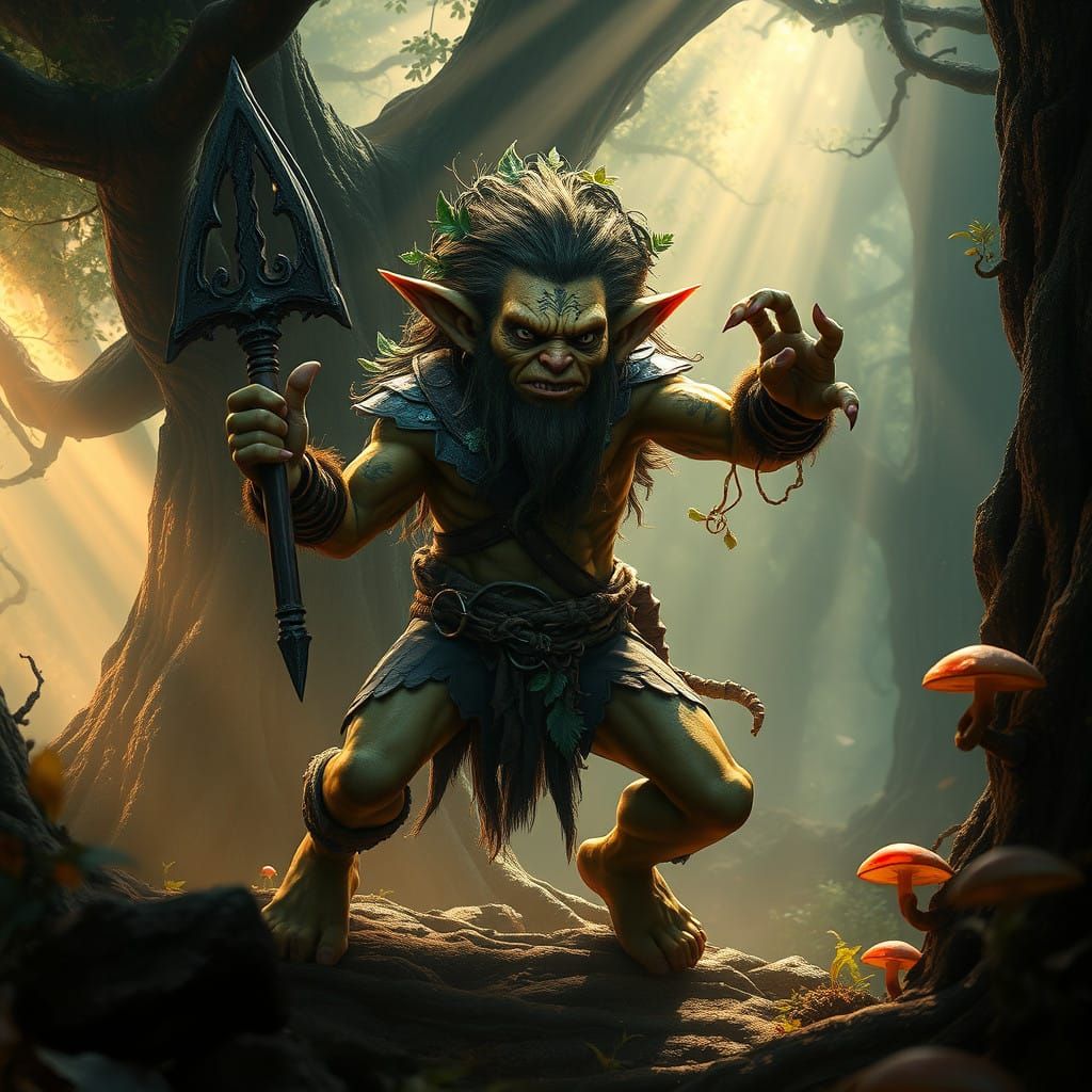 Mystical Hobgoblin Warrior in Lush, Eerie Forest