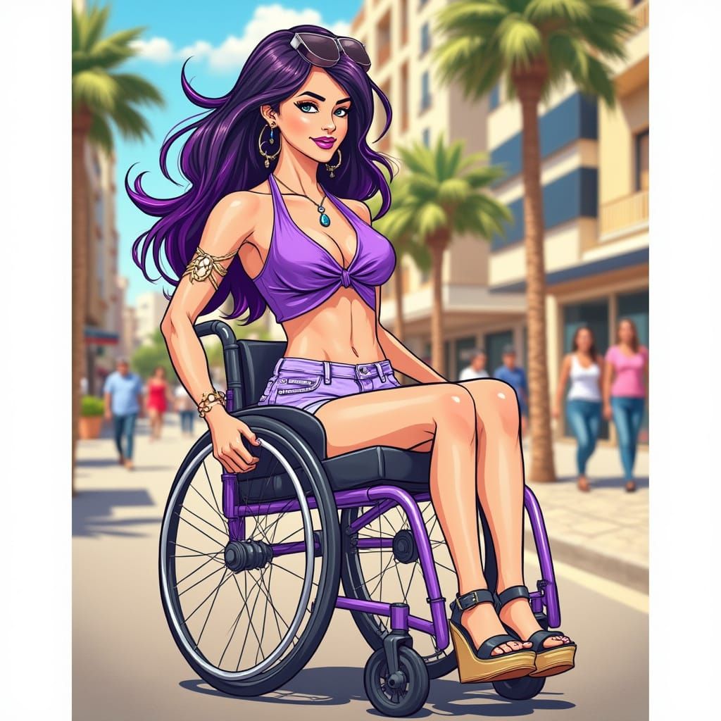 Confident Woman in Custom Wheelchair: 70s Style Illustration