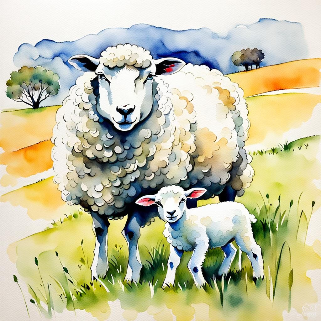 Watercolour Sheep and Lambs in Liquid Ink Style