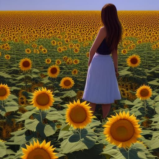 Woman standing in a Field of Sunflowers under a Clear Blue Sky