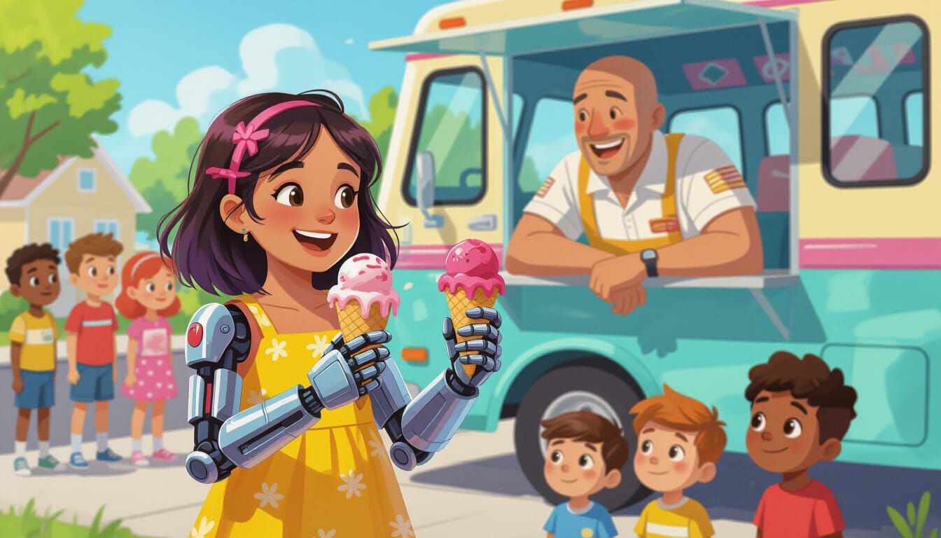 Joyful Girl with Cybernetic Arm and Ice Cream Truck