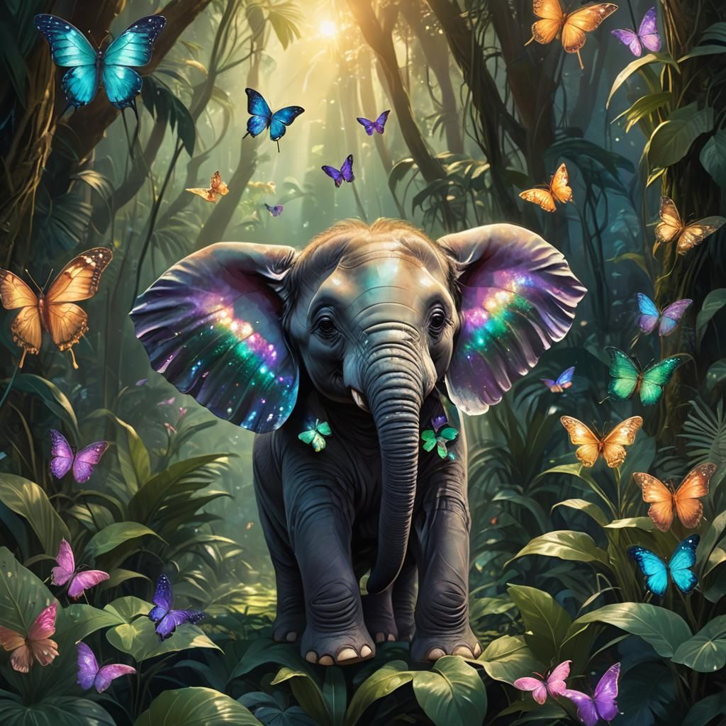 Baby Elephant and Butterfly: Whimsical Digital Art