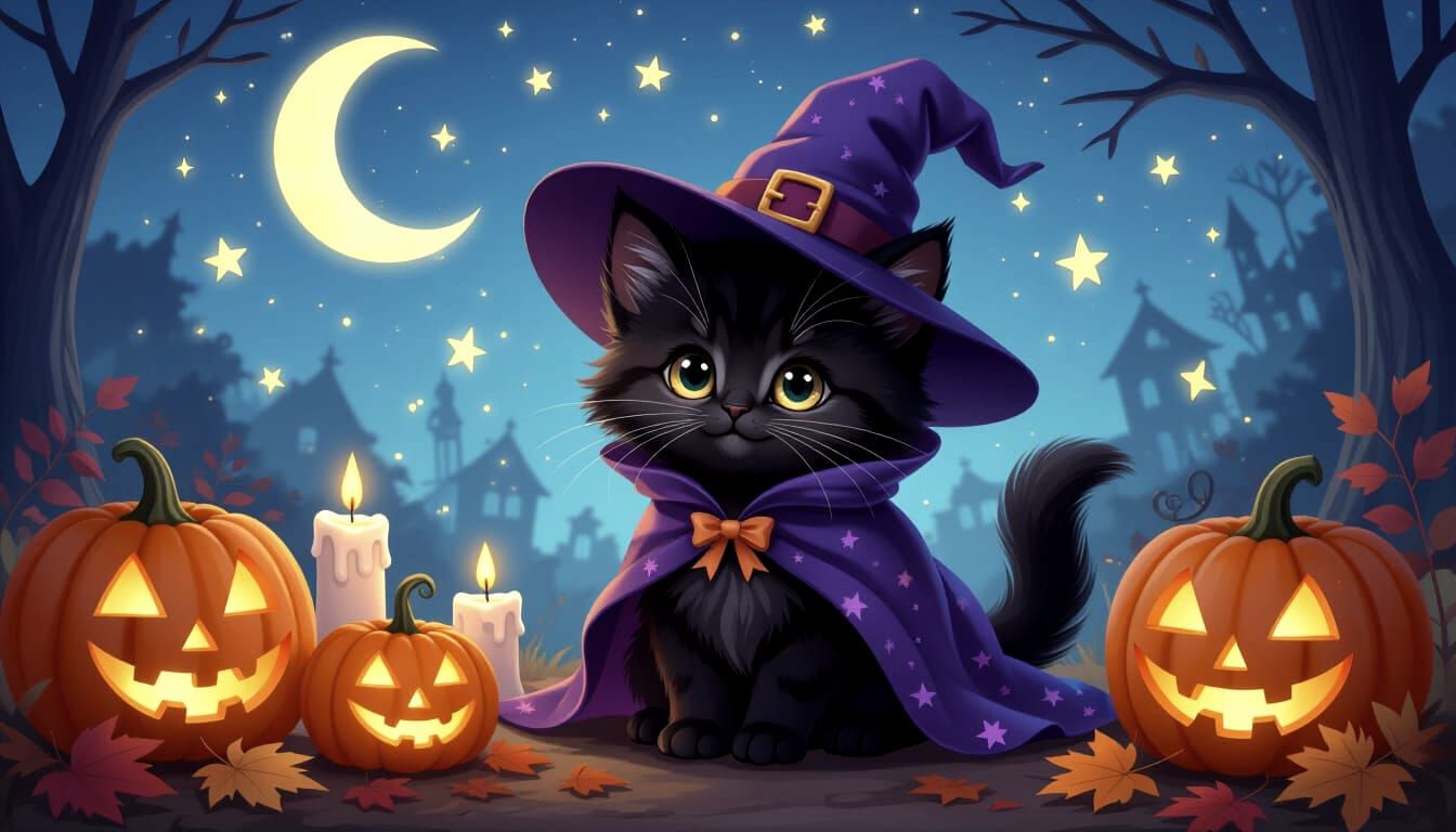 Adorable Witch Kitten in Magical Halloween Setting