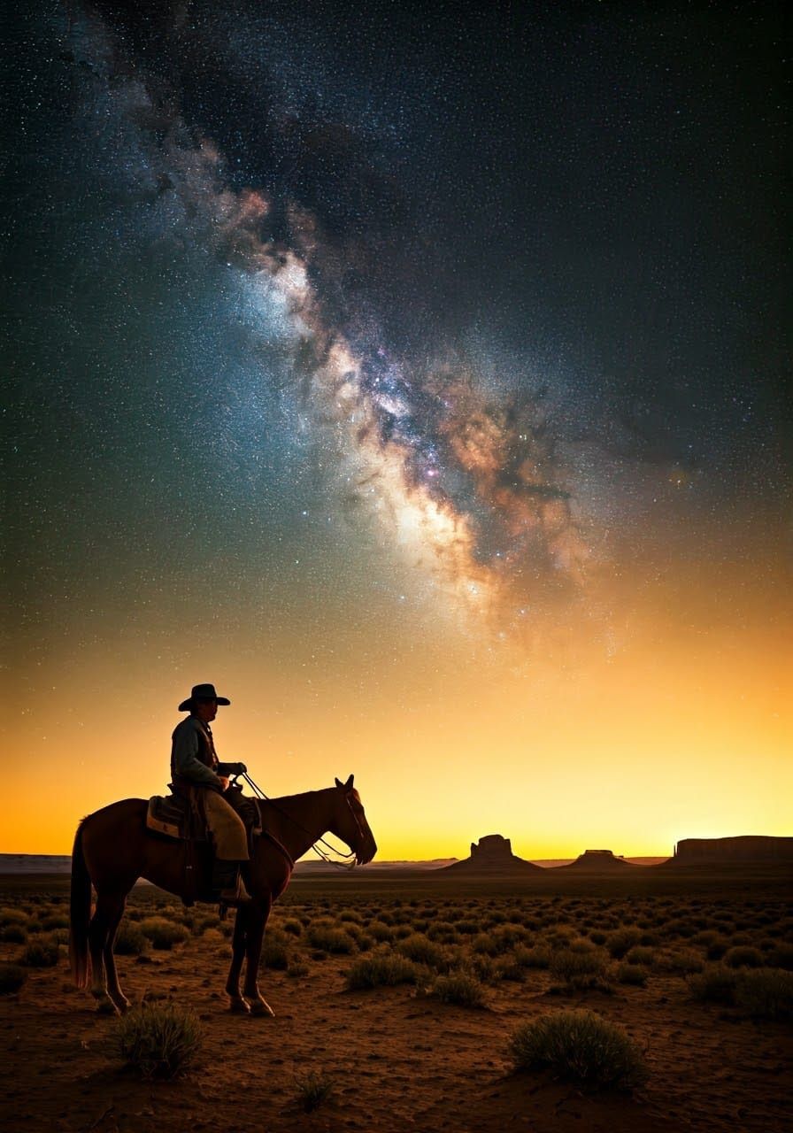 Western Cowboy Contemplates Cosmic Wonders Under Starry Dese...