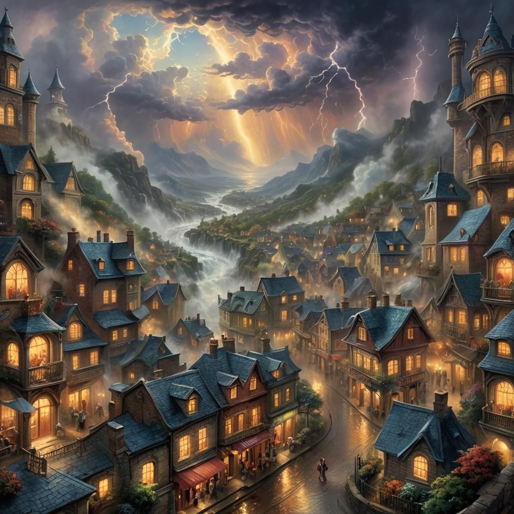 Ethereal Newborn Emerges in Burning City, Fantasy Art