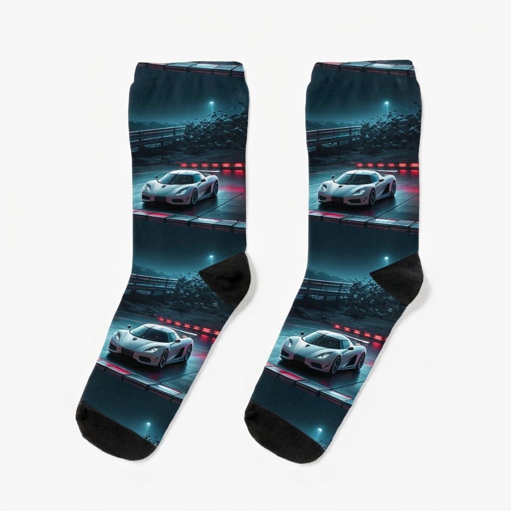Futuristic Koenigsegg Socks on Neon Track in Hyperrealism