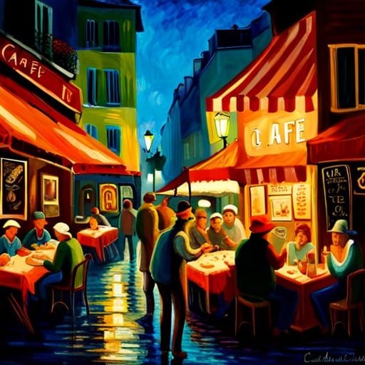 Bohemian Artists in Candlelit Paris Cafe