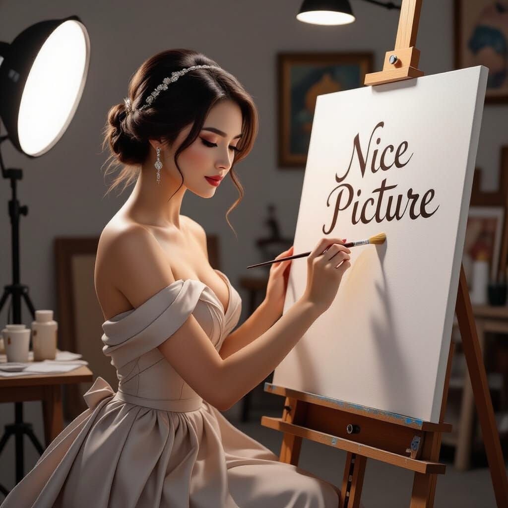 Woman Paints "Nice Picture" in Realistic Studio Style