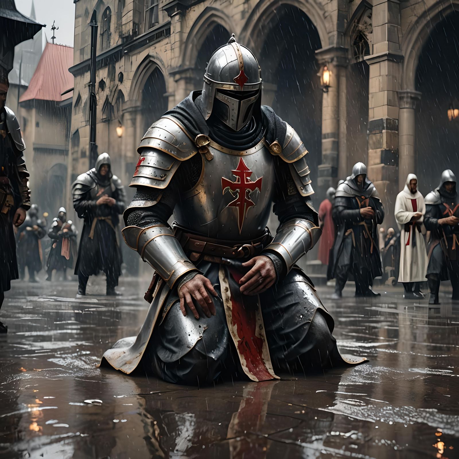 Knights Templar Praying in Rain: Detailed Matte Painting