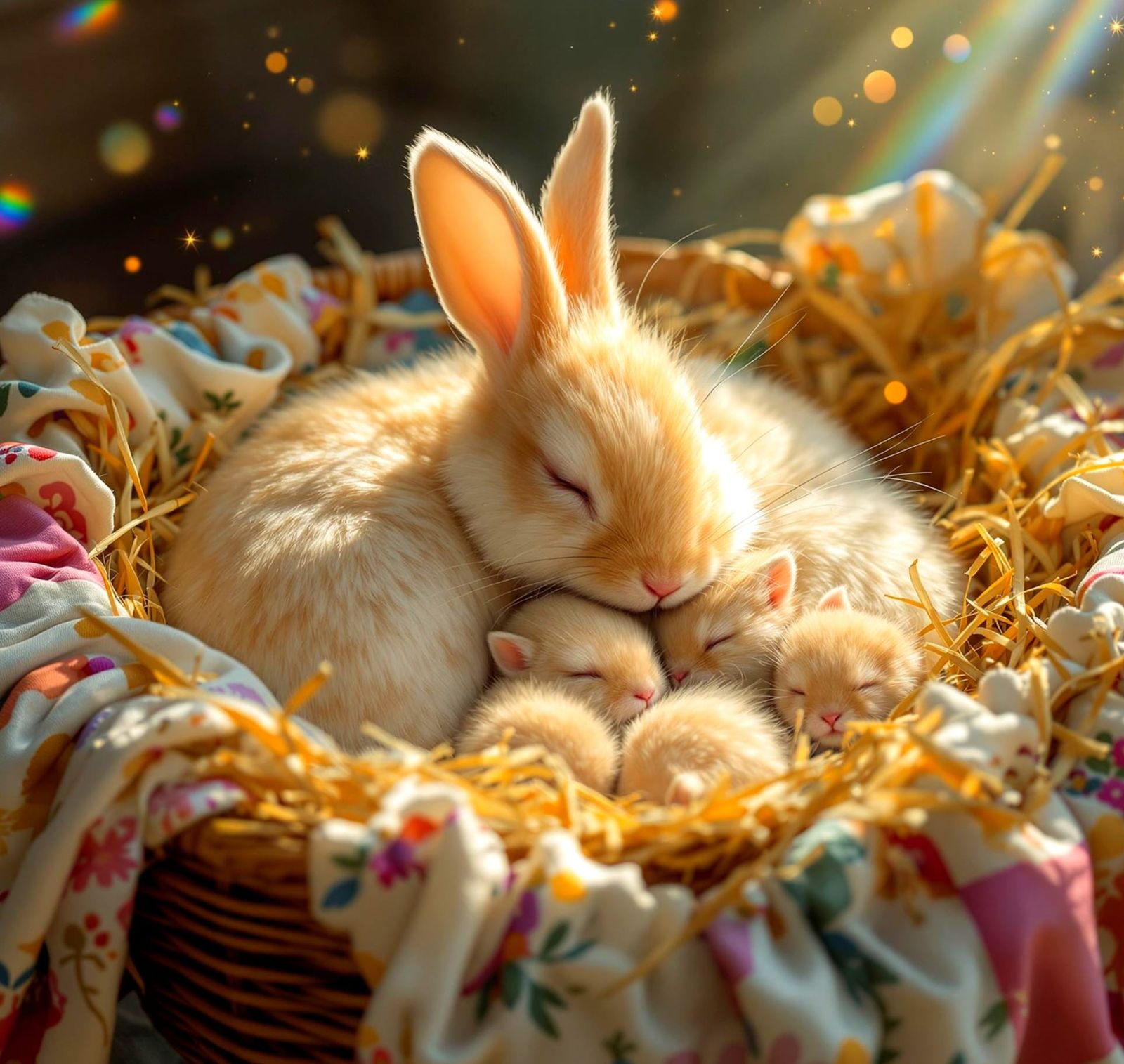 Mother Bunny Nuzzles Her Adorable Fluffy Babies in a Cozy Qu...