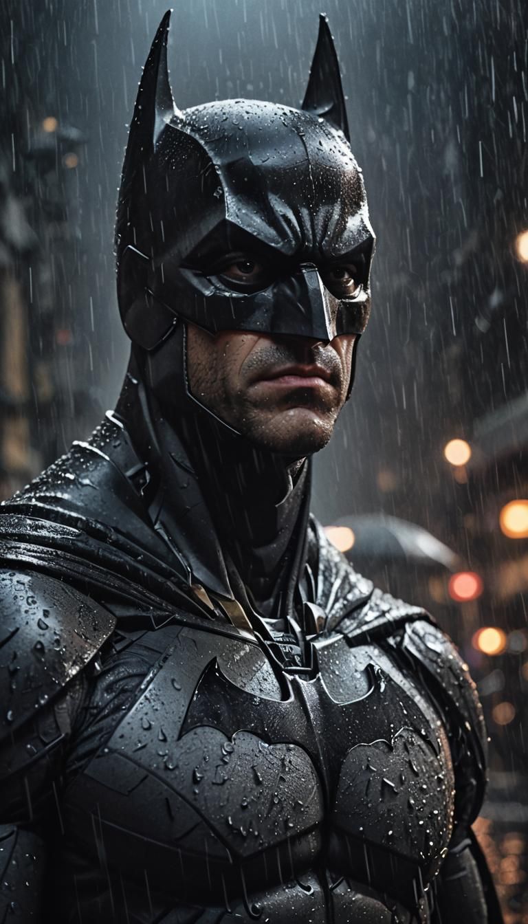 Batman in Rainy Gotham: A Cinematic Close-Up