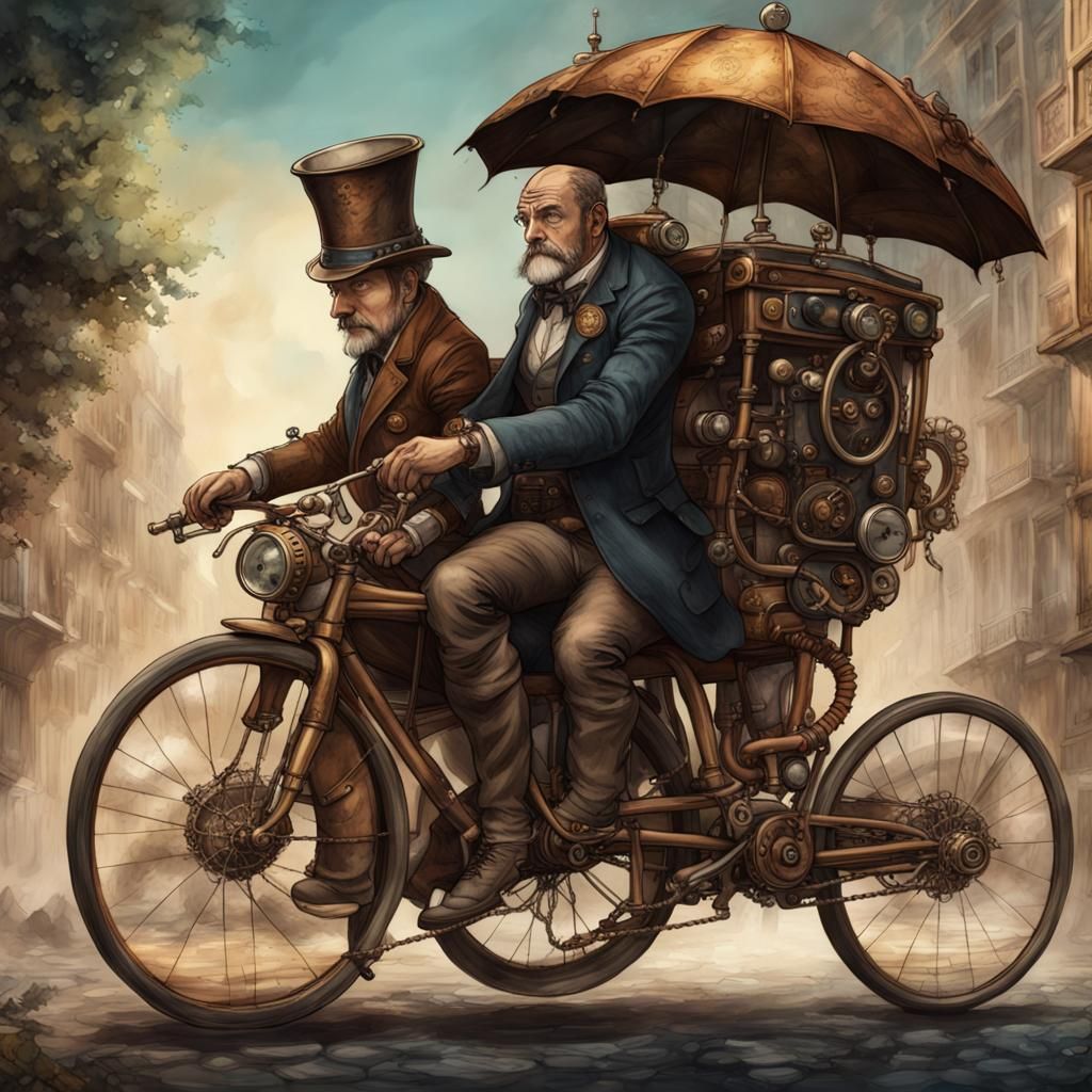 Steampunk Cyclist with Watercolor Ink Filter