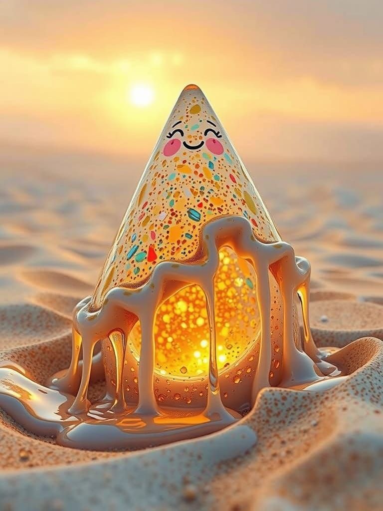 Melting Glass Cone with Smiling Face on Geometric Dunes
