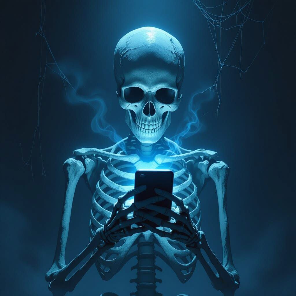 Skeleton Engrossed by Smartphone Glow