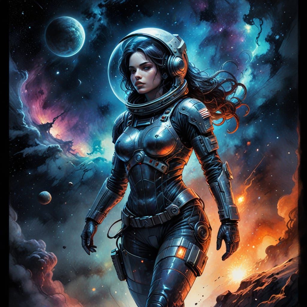 Sultry Astronaut Drifts Through a Vibrant Galaxy in Dark, In...