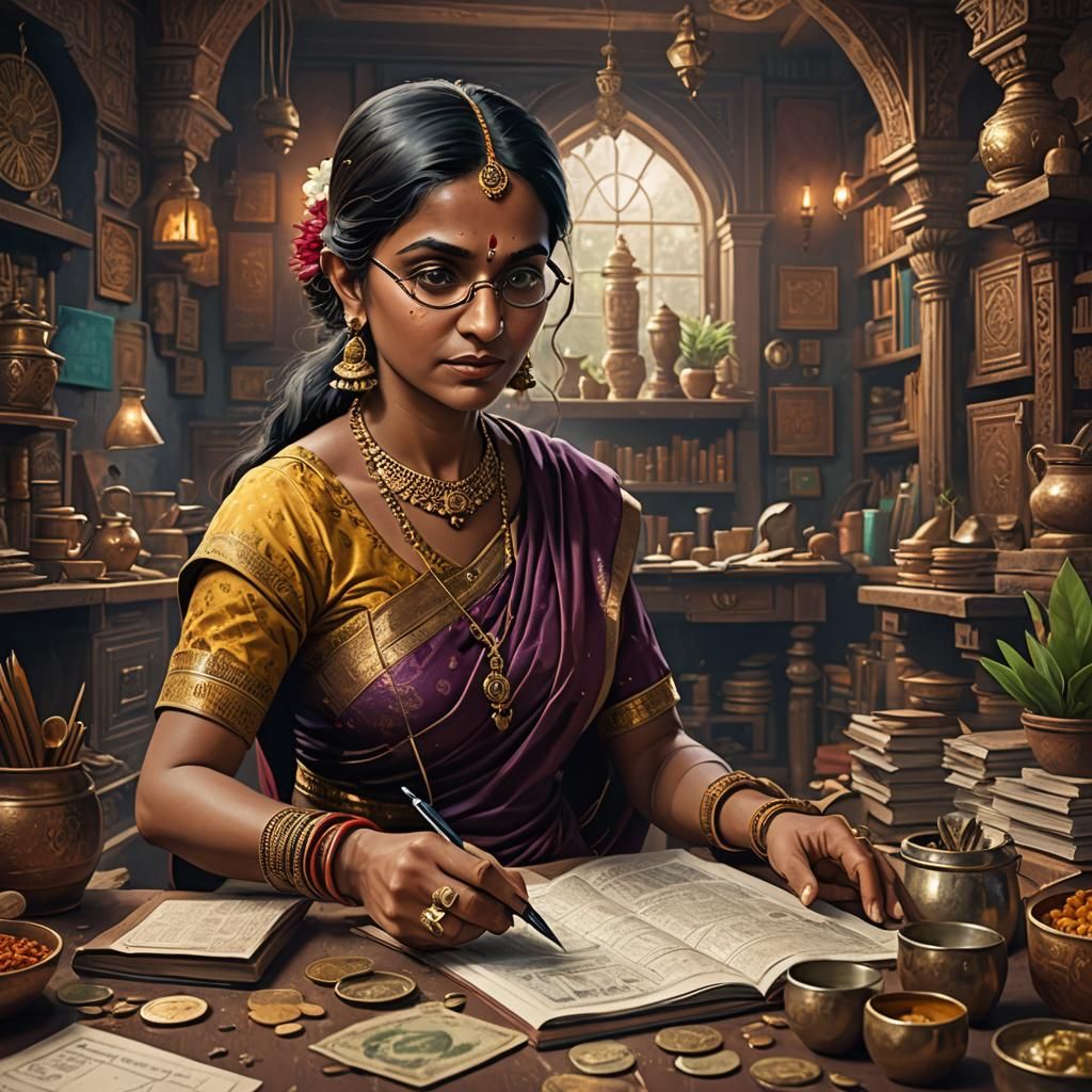 Indian Housewife Studies Finance: Detailed Matte Painting