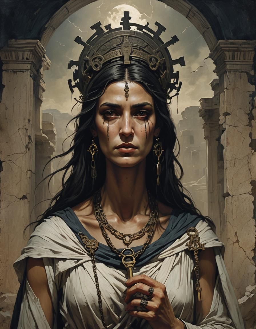 Eerie Greek Woman with Keys: Sinister Art