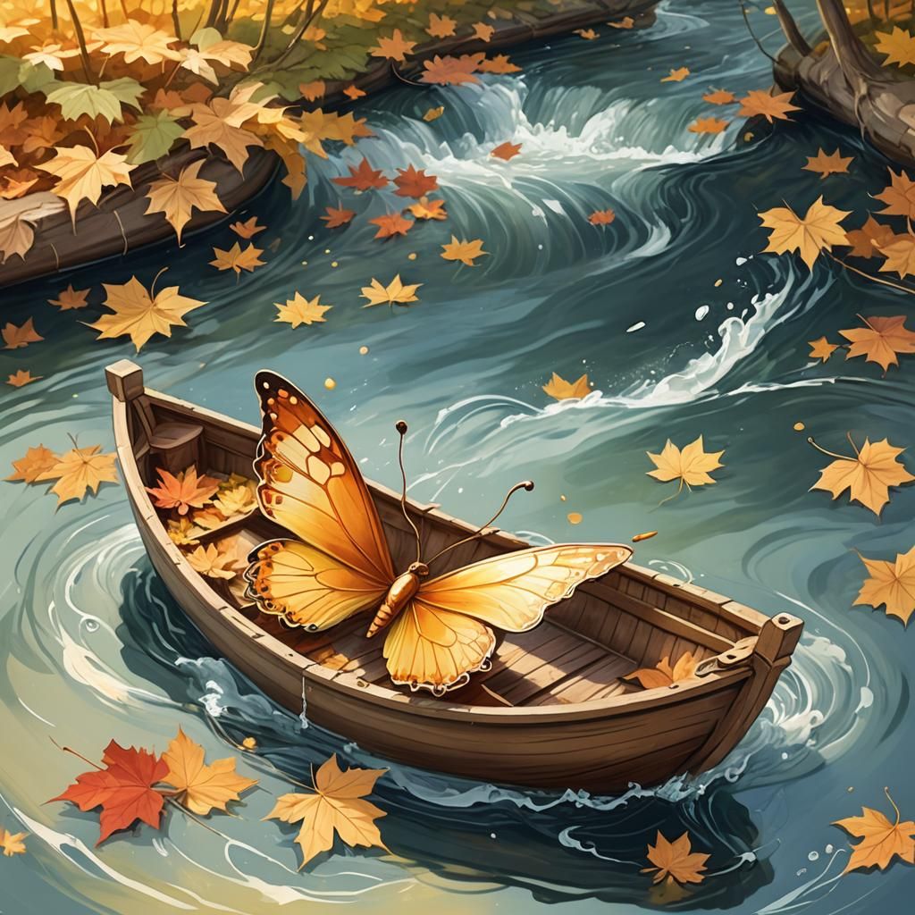 Butterfly on Maple Leaf Boat in Fantasy River