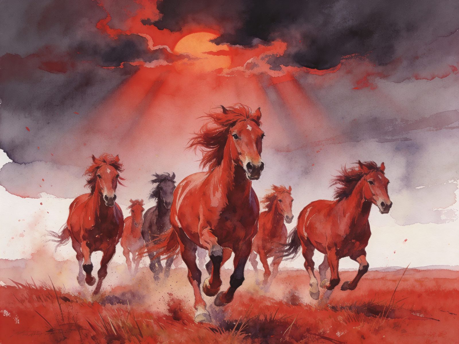 Wild Red Horses Running Free in Dramatic Sunset